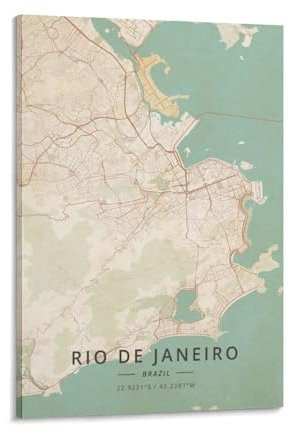 LZTEN Rio De Janeiro Brasilien-Karten-Poster, Vintage-Druck, Poster für Zimmer, Ästhetik, Leinwand, Wandkunst, Poster und Druckrahmen, 30 x 45 cm
