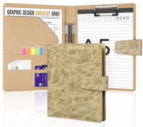 Agoer Schreibmappe A5 Klemmbrettmappe, Leder Konferenzmappe DIN-A5 mit Magnetverschluss, Schreibbrett Klemmbrett inklusive A5 Notizblock und Stift - khaki