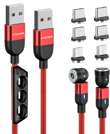 P-TECHUK 540° Rotating Magnetic 3 in 1 Charging Cable, Phone Magnetic Charging Cable, USB Charger Cable (2 x 1M cable, 6 x tips) (Red)