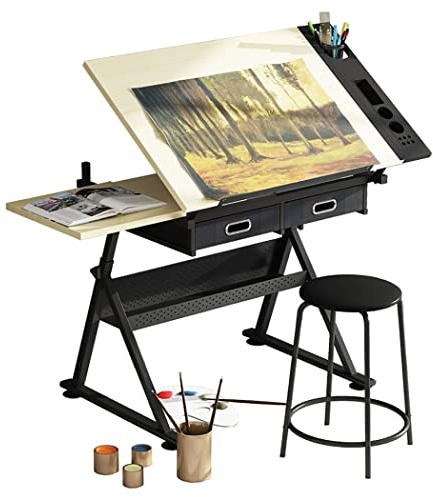 Verstellbarer Zeichentisch mit Hocker, Zeichentisch mit 2 Schubladen, Basteltisch mit Metallrahmen, kippbarer Kunst- und Basteltisch, Maltisch, Kunsttisch mit Holzplatte