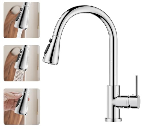 BESy Kitchen Sink Tap with Pull Out Sprayer, 3-Mode Pull Down Mixer Tap, Stainless Steel High-Arc 360° Swivel, Single Handle Kitchen Faucet, Polished Chrome
