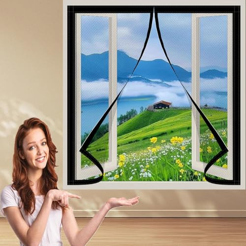 Fliegennetz Fenster 96 x 115 cm mit Selbstklebendes Klettband Magnet Insektenschutz Ohne Bohren Schützen Die Familie vor Insekten, Schwarz