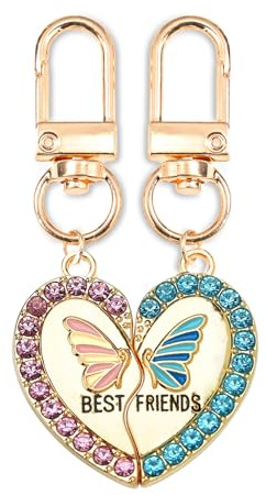 Cosysparks Porte-clé amitié pour 2 porte-clés amis forever porte-clés coeur Papillon strass stitch porte-clé cadeau pour une amie (Rose et Bleu)