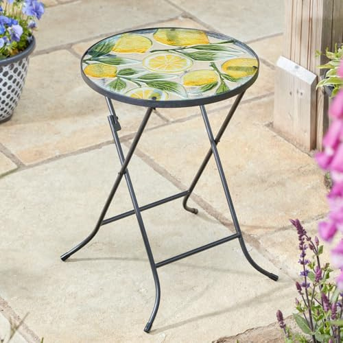mysmartbuy.com Lemon Table - 50 cm Garden Table with Painted Lemon Glass Top, Foldable Metal Base, Ideal for Garden, Patio, or Indoor Use, Vibrant and Decorative Outdoor Furniture