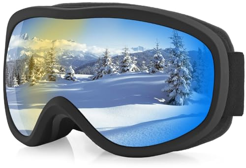 Anbte OTG Ski Goggles, Anti Fog Dual Layer Lens 100% UV400 Over The Glasses Snow Goggles for Sunny Days & Bright Conditions Protection, Helmet Compatible for Men Women Youth Windproof