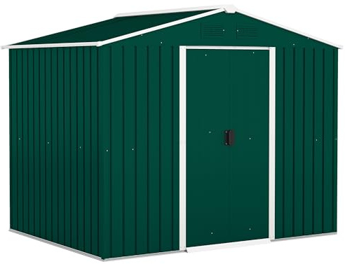 Outsunny Gartenhaus 3,6 m² aus verzinktem Stahl mit Lufteinlässen, Gartenhaus mit geneigtem Dach, Doppeltüren, abschließbare Schiebetüren, Geräteschuppen, 236 x 174 x 190 cm, Grün