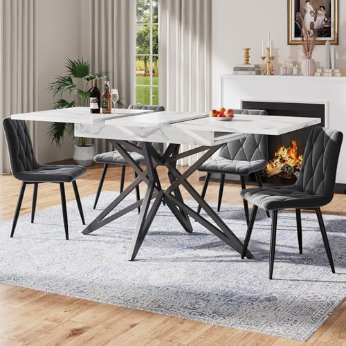 LORISMAI Ausziehbarer Esstisch-Set (120/160 × 68 cm Esstisch mit 4 Stühlen),modernes Küchen-Set,Esszimmerstühle, dunkelgraue Küchenstühle aus diagonal gemustertem Samt