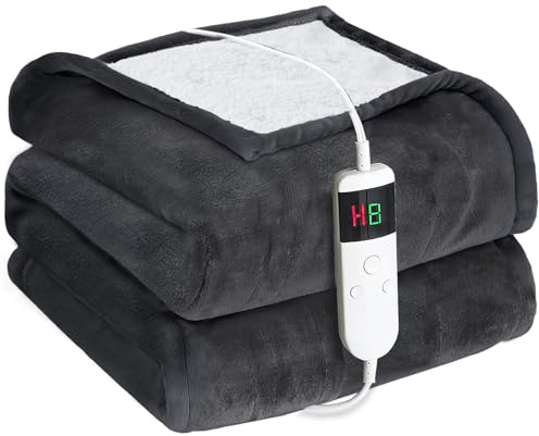 Cushious Heizdecke mit Abschaltautomatik 130x180 cm, 10 Heizstufen & 8-Stunden-Timer, Überhitzungsschutz, Maschinenwaschbar, Flanell-Wärmedecke elektrisch für Bett Sofa und Homeoffice