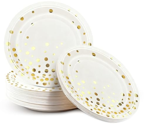 Tmefoy 50 Platos Cartón Blancos de 23 cm, Elegante plato de papel con lunares dorados, Platos Papel para Fiestas y Barbacoas, Cumpleaños, Eventos y Celebraciones
