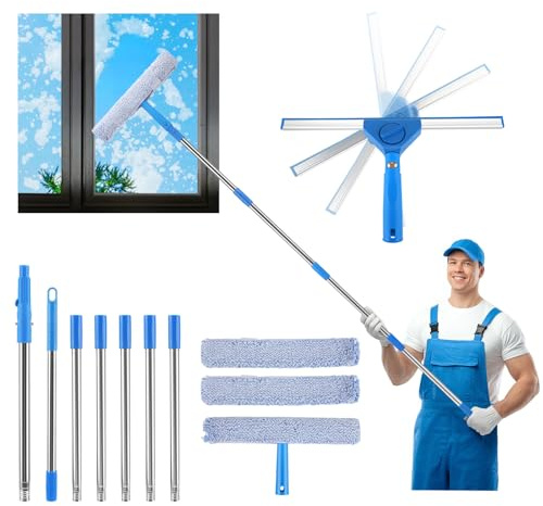 2 in 1 Pulitore per finestre Lavavetri con 300cm Manico Telescopico, Strumenti per la Pulizia dei Vetri con Tergivetro in Silicone e panno in microfibra di ricambio per Finestre Interni ed Esterni