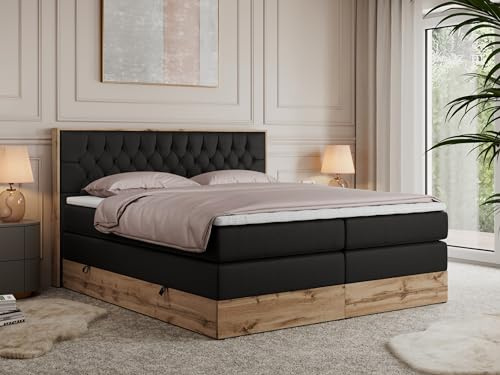 MKS MEBLE King Boxspringbett 160x200 mit Bettkasten und Kopfteil, Bonell Polsterbett mit Matratze H3 und Topper Visco, Bett mit Holzrahmen in Wotan Eiche - Schwarz Kunstleder - Amore King