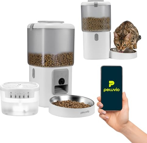 Peluvio Feast Automatischer Futterautomat Katze mit App und Kamera | Live-Video mit Nachtsicht und Zwei-Wege-Audio, Portionskontrolle, Edelstahl-Napf, Katzen Trinkbrunnen mit Filter, 4,5 l und 2