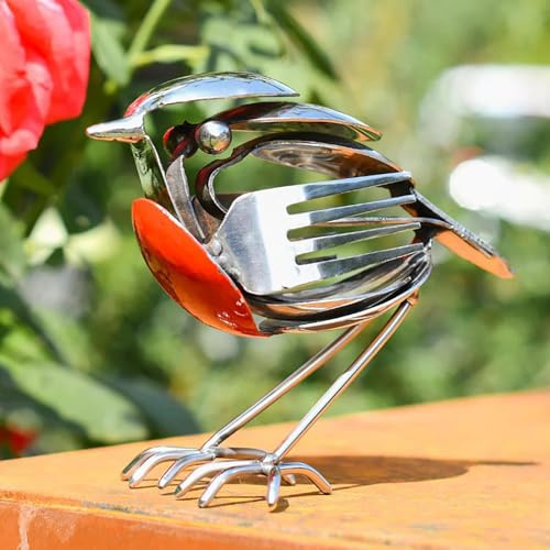 Handcrafted Recycled Metal Robin Bird Sculpture, Cutlery Art Figurine, Indoor Outdoor Desktop Tabletop Ornament, Decor Gift for Bird Lovers