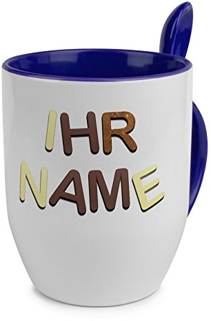printplanet® Löffeltasse mit Namen personalisiert - Motiv Schokoladenbuchstaben individuell gestalten - Farbvariante Blau