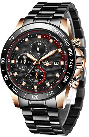 LIGE Herren Uhren Wasserdichter Sport Chronograph Analoge Quarzuhr Edelstahl Business Armband Armbanduhr Schwarze Herrenuhr