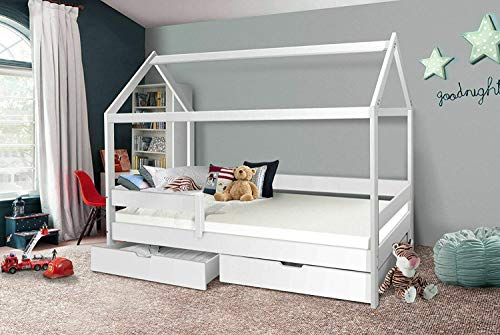 Hausbett 90x200 Kinderbett ohne Rolllattenrost Hochbett Spielbett Massivbett (Ohne Vorhang, Ohne Schublade)