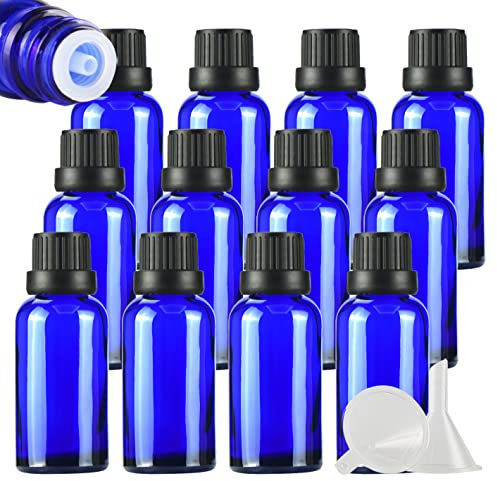 ZEOABSY 24 Pièces Flacon Aromathérapie 30ml en Verre Bleu avec Bouchon Codigoutte Noir, Compte Gouttes Inviolable, Bouteilles en Verre D'huile Essentielle Vides Flacon de Voyage