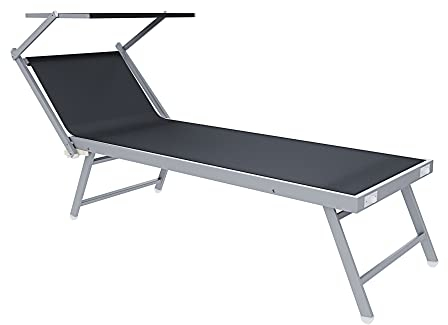 Lettino Prendisole Pieghevole Professionale In Alluminio Tessuto Textilene 720 gr/m² Tettuccio Orientabile Parasole Sdraio Prendi Sole Mare Spiaggia Piscina Giardino 182 x 60 x 38 cm (Grigio Scuro)