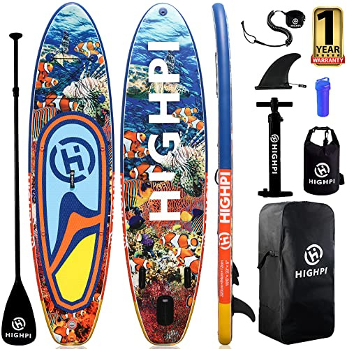 Highpi Tavole gonfiabili per stand up paddle, 25 x 83 x 12,7 cm, con accessori, zaino, tavola antiscivolo, guinzaglio, pagaia regolabile e pompa a mano, borsa impermeabile, barca in piedi per giovani