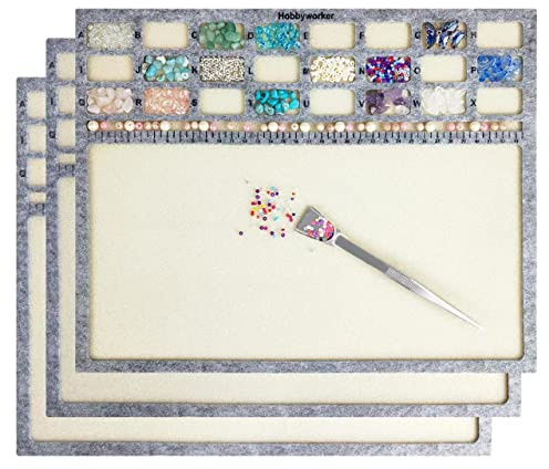 hobbyworker Bead Mat,Soft Perfect Stable,Surface Flocking with Centimeter Scale 3 Pcs Set(L) and Stainless Steel Handy Tweezers with Scoop for Jewelry Making Beading Supplies