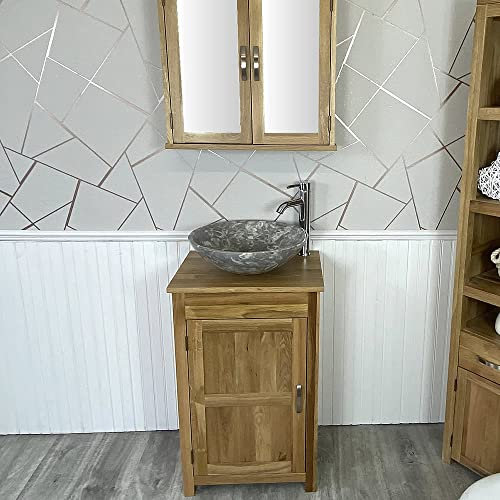 Wooden Bathroom Vanity with Sink - Single Door Bathroom Sink Cabinet Wash Basin Unit with Oak Top - Modern Single Vanity Unit with Chromed Mixer Tap - Natural Oak - Grey Marble Bowl (308GREY)