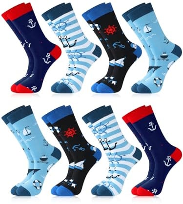 Berlune 8 Pairs Sailing Socks for Men, Boat Nautical Cotton Crew Socks Gift