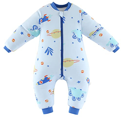 Chilsuessy Baby Winte Schlafsck mit Füße kinder Schlafsäcke,abnehmbaren Ärmeln,Warm Schlafsack mit Beinen Winterchlafsack für Junge Mädchen Schlafanzug, Blau Raumschiff/3.5 Tog, XL/Baby Höhe 100-110cm