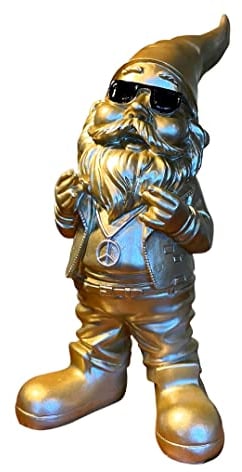 SEWAS Gartenzwerg, Rocker mit Peace Kette, Gold-Schwarz Edition, Schöne Dekofigur, handbemalt und wetterfest aus hochwertigem Kunstharz