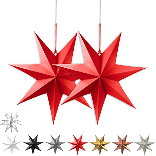 Frau WunderVoll® liebevolle Faltsterne matt rot 2 Stück Durchmesser 40 cm, 7 Zacken geschlossene Oberfläche Feste Pappe/Weihnachtsstern, Adventsstern, Weihnachten, Advent, Fenster Dekoration