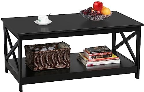 Yaheetech Black Coffee Table, 2-Tier Wood Coffee Table with Storage Shelf, X Design Center Tea Table for Living Room Home Office