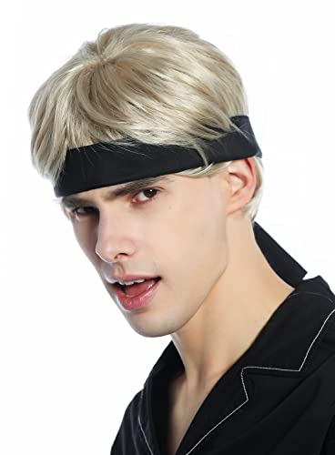 WIG ME UP - CW-037-KII220 Perücke Stirnband Karneval Fasching kurz blond 80er retro Karate Kämpfer Fighter