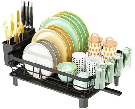 JOUING Escurreplatos Negro Escurridor de Platos Acero Inoxidable Escurreplatos con Bandeja de Goteo Dish Drying Rack con Cesta para Cubiertos (Negro, Grande)