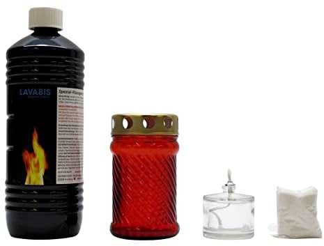 LAVABIS Set 1 Liter Flüssigwachs + Grablicht Glas, rot, Ø 7 cm, 13 cm H, mit Golddeckel inkl. nachfüllbare Flüssigwachskerze