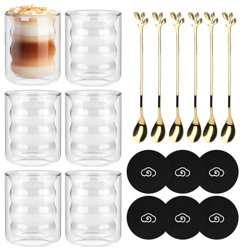 CPROSP 6 * 200ml Tasse à Café Double Paroi, Verre à Double Paroi pour Café Latte avec 6 Cuillère + 6 Sous-Verre, Tasses à Café en Cristal Résistantes à la Chaleur