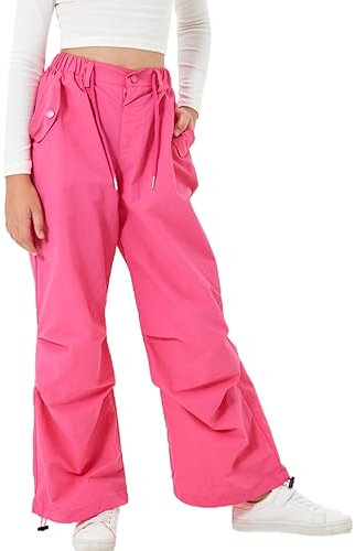 Rolanko Ragazze Pantaloni Larghi da Paracadutista, Joggers Vintage Y2K con Elastico in Vita Regolabile per Bambini, Fucsia, Taglia: 140