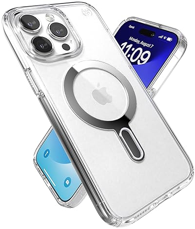 Speck Klare iPhone 15 Pro Max Hülle – ClickLock rutschfeste Interlock, gebaut für MagSafe, Fallschutz – Kratzfest, vergilbungsfrei, 16,7 cm (6,7 Zoll) – Presidio Clear/Chrome
