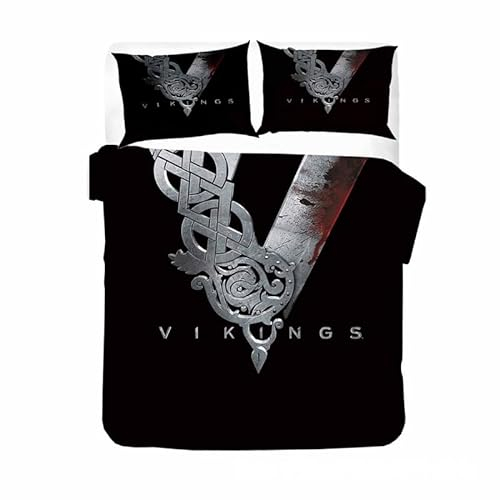 Bettwäsche 200x200cm Vikings Bettbezug Set 3 Teilig Wikinger Schwert Keltischer Knoten Weiche Microfaser 3D Motiv Luxus Modern Bettdeckenbezug mit Reißverschluss und 2 Kissenbezüge 80x80cm