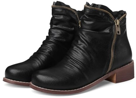 Stivaletti da Donna con Tacco Basso e Grosso,Comodi Stivaletti Invernali con Cerniera Laterale e Punta Tonda,Scarpe Eleganti Casual in Pelle Vintage,Nero,43 EU