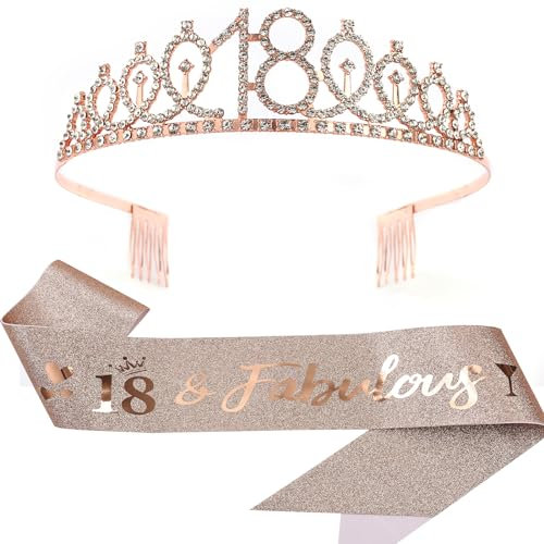 Geburtstag Königin Schärpe & Strass Tiara Kit - 21. 30. 40. 50. 60. Geburtstag Geschenke Geburtstag Schärpe für Frauen Geburtstag Party Supplies (Rose Gold 18th)