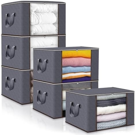 Collazoey 6 Piezas Cajas Almacenaje Ropa,90 L Bolsa de Almacenamiento para Ropa Plegable,Contenedores de Almacenamiento para Organizar Dormitorios, Armarios,Ropa, Edredones,con Tapa y Asa,Gris
