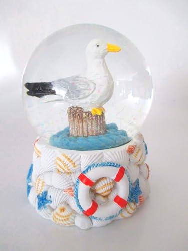 Maritime Schneekugel Souvenir Nordsee Ostsee Möwe auf Pfahl Muschel Sockel