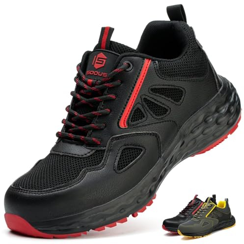 ISOOUS Arbeitsschuhe Herren Sicherheitsschuhe Damen Leicht Kunststoffkappe Atmungsaktiv rutschfest Sneaker Küche Sportlich Schwarz Rot EU 38