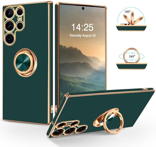 SouliGo Hülle kompatibel mit Samsung Galaxy S22 Ultra Hülle Handyhülle Slim weiche TPU Silikon Case Cover mit 360 Grad Ring Halter Ständer stabil Kratzfest Hülle für Samsung Galaxy S22 Ultra Grün Gold
