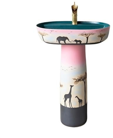 WANGHAI-666 Lavabo sur Colonne Lavabo sur Pied coloré de Luxe léger, lavabo de Salle de Bain sur Pied en céramique rétro, lavabo à Colonne en Deux pièces avec Trou de Robinet Unique Évier sur Pied(B)