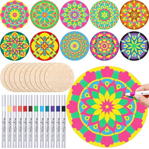 Vercraft Holz-Mandala-Set zum Selbermachen, 10 unlackierte Mandala-Ausschnitte, 12 Marker, Holz-Mandalas zum Ausmalen von Holz, Mandala-Malsets für Erwachsene, Bastelarbeiten, Heimdekorationen