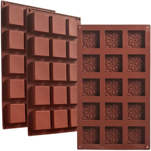 ionEgg Lot de 3 moules carrés en silicone à 15 cavités, antiadhésifs, de qualité alimentaire, flexibles et durables pour la pâtisserie, la fabrication de savon, bonbons, desserts, glaçons et travaux