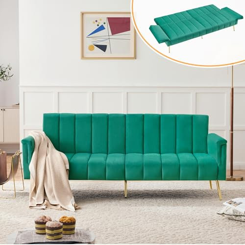 DRIXNO Klappbares Schlafsofa Aus Samtstoff - 4-Sitzer Mit Hilfsfüßen Und Schlaffunktion, Grün - Geeignet Für Wohnzimmer, Schlafzimmer, Heimkino, Gästezimmer