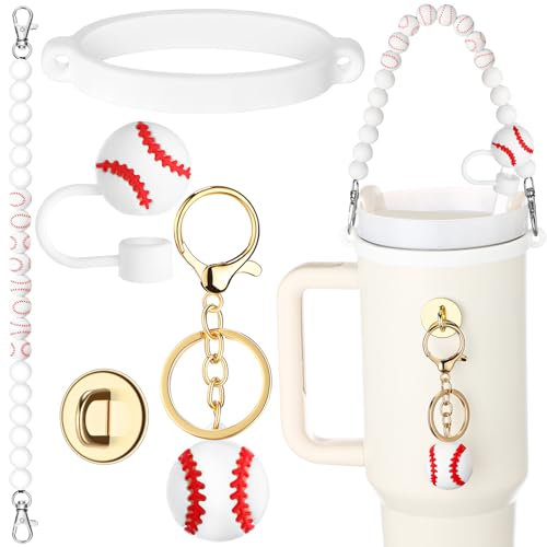 Skylety 5 Pcs Silicone Cup Accessory Set Compatible with Stanley Cup Including Silicone Beaded Bottle Strap, 3D Baseball Keychain, Baseball Straw Cover, Rubber Cup Ring for 8-40 oz Tumbler