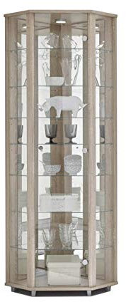 Vitrine d'angle en verre verrouillable effet chêne 7 étagères en verre avec miroir arrière et spot