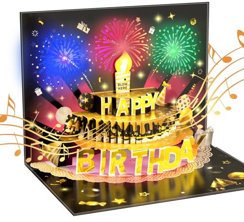 3D Pop Up Feuerwerk Geburtstagskarte, aufblasbare Kuchen Geburtstagskarte mit Musik und Multicolor LED Lichter Umschlag und leere Wunschkarte für Frauen, Kinder, Männer